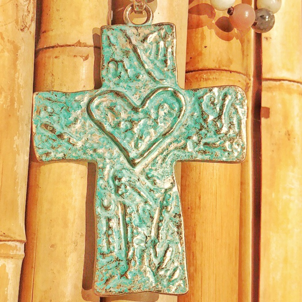 BRAND NEW Boho Blue/Green Amazonite Stone Cross Necklace - Picture 5 of 8
